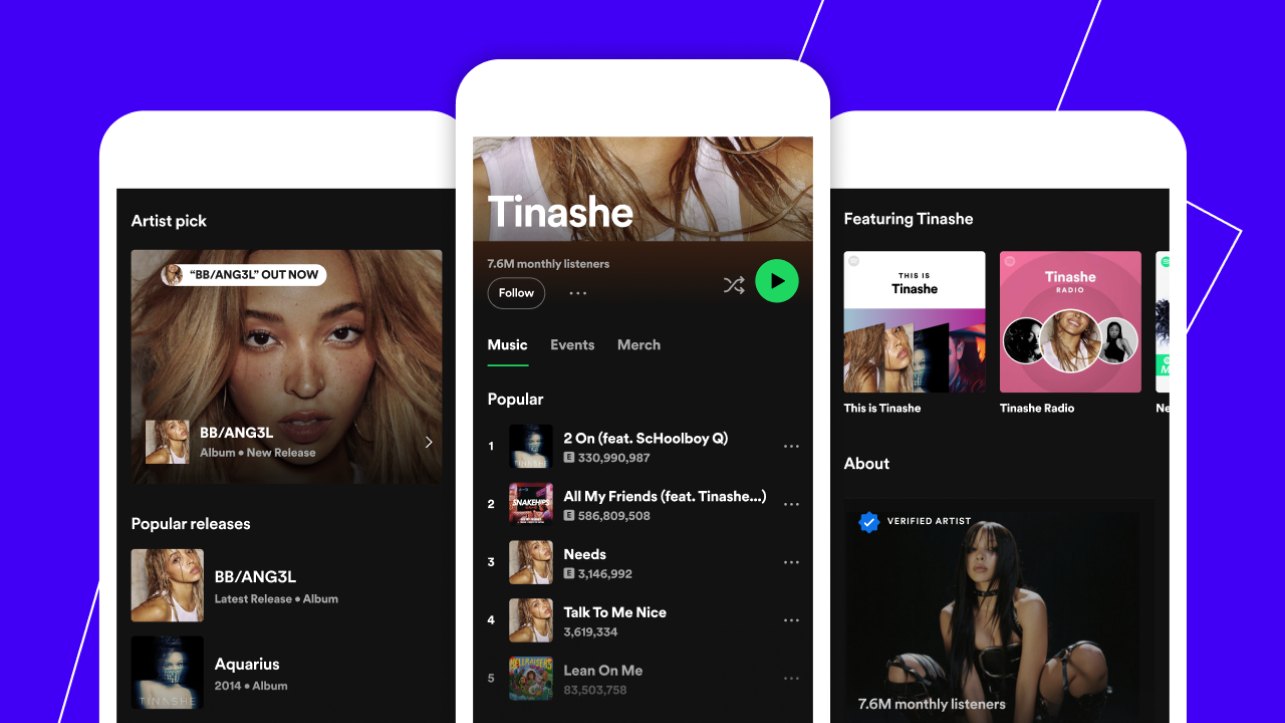 Spotify artist profile screens for Tinashe, showing the new Music, Events and Merch tabs